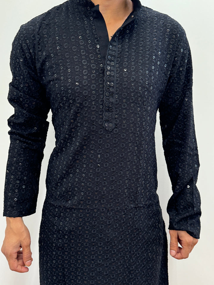 Black Kurta Pajama Circles Pattern