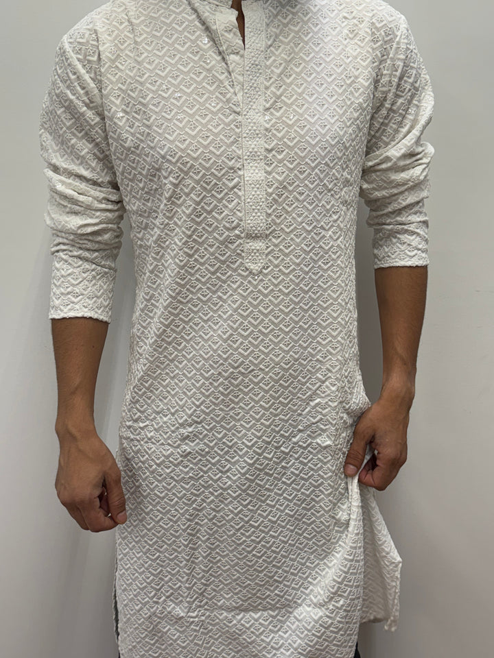 White Kurta in Boxes Pattern