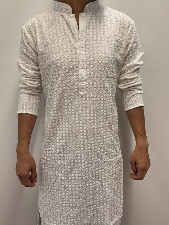 White Kurta in Squares Pattern