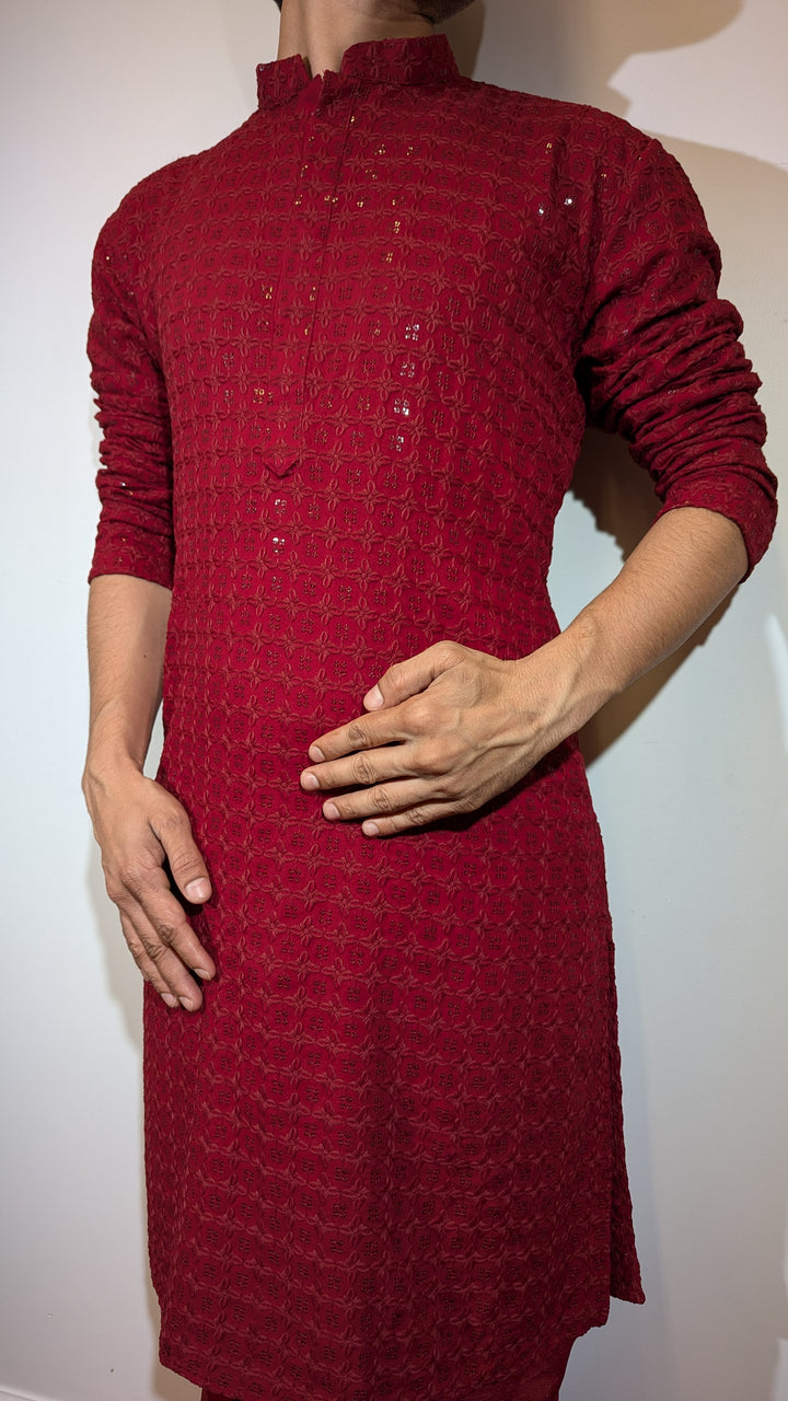 Maroon Chikan Kurta