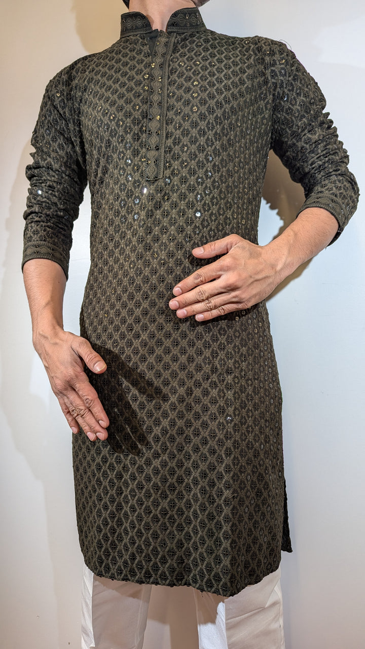 Dark Olive Chikan Kurta