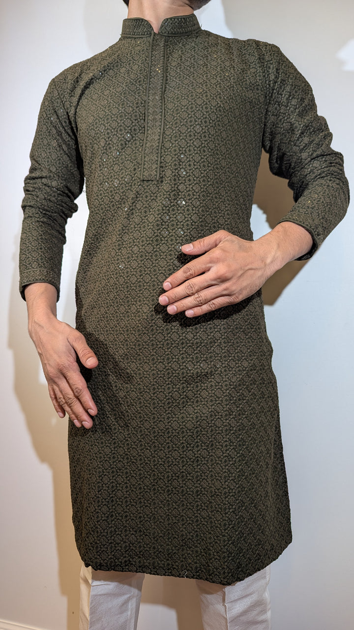 Dark Olive Chikan Kurta