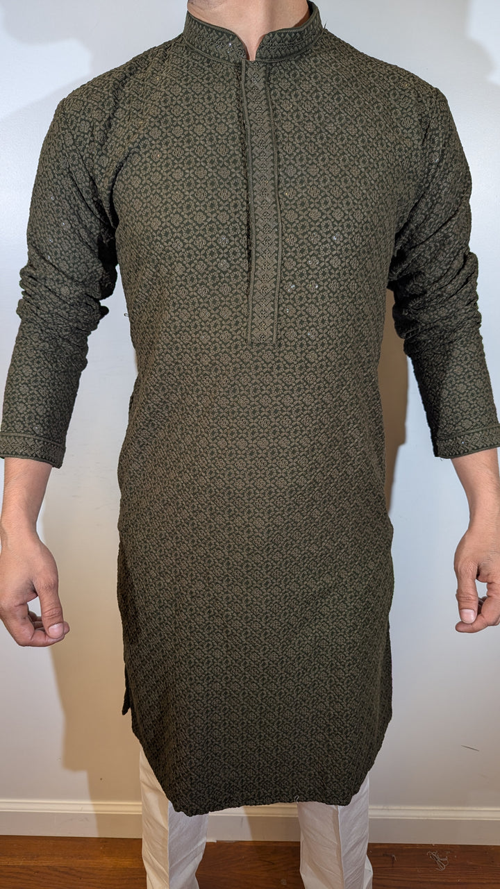 Dark Olive Chikan Kurta