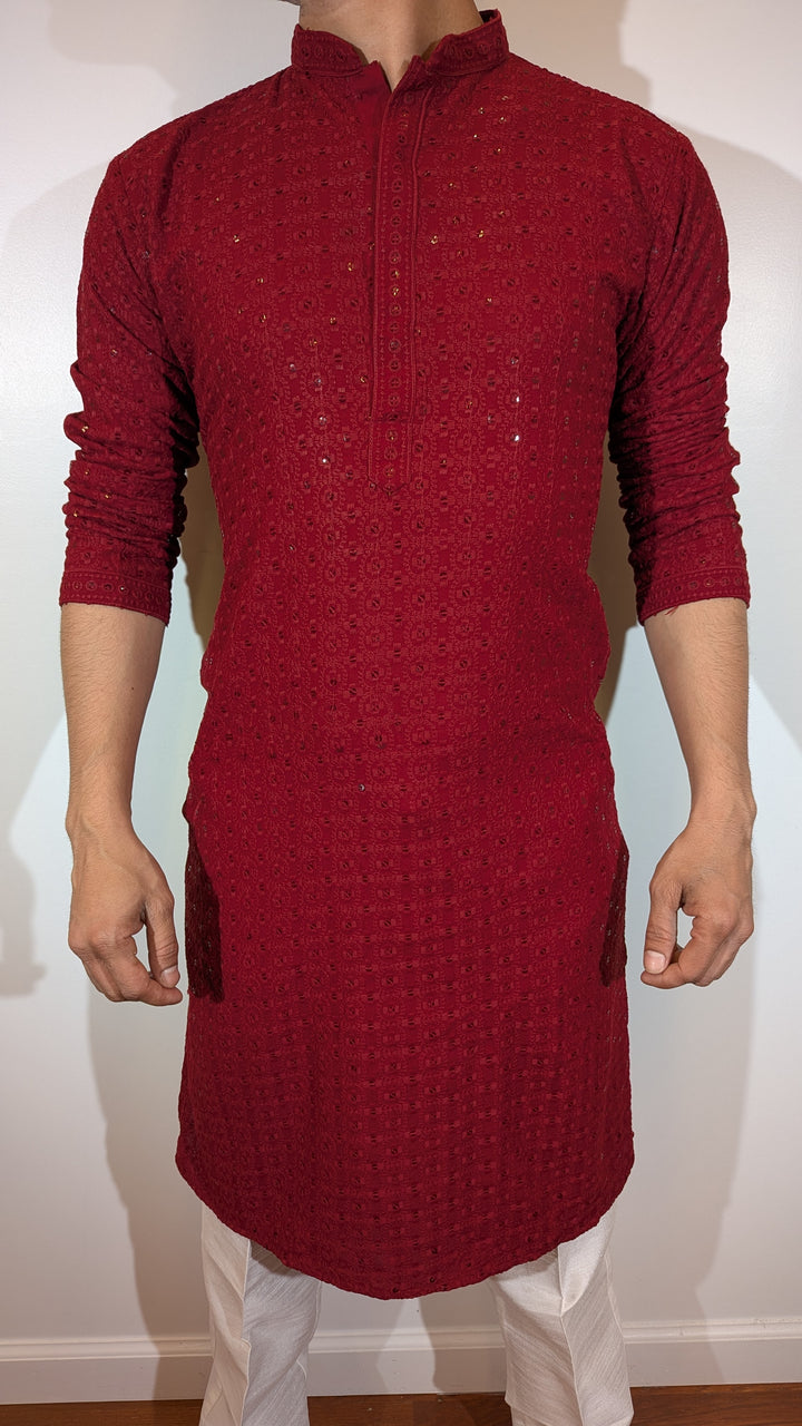 Maroon Chikan Kurta