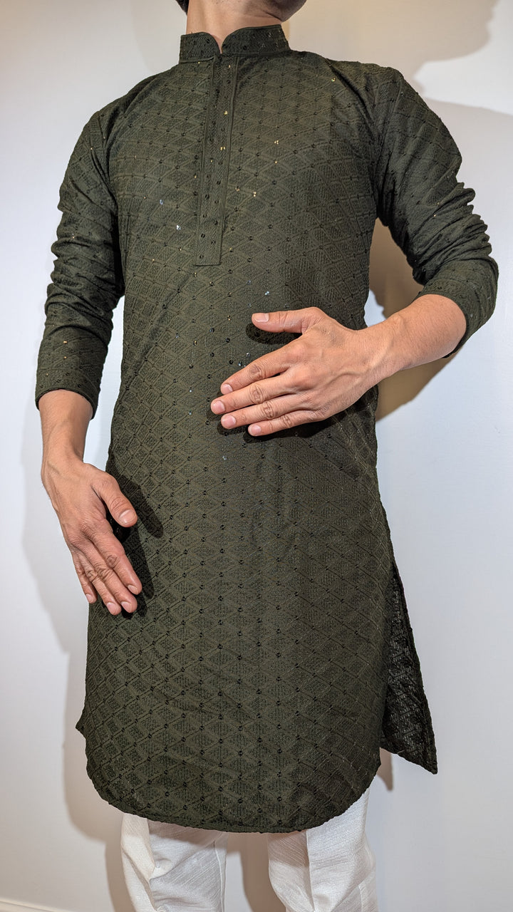 Dark Olive Chikan Kurta