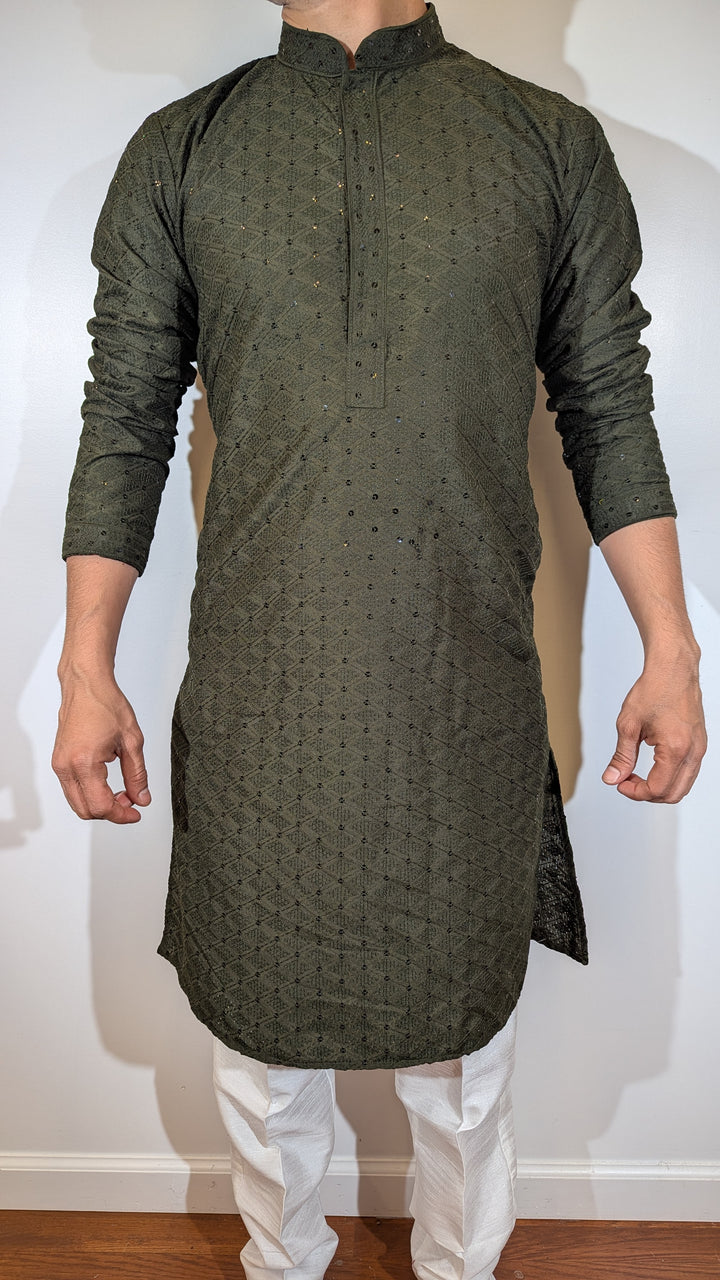 Dark Olive Chikan Kurta