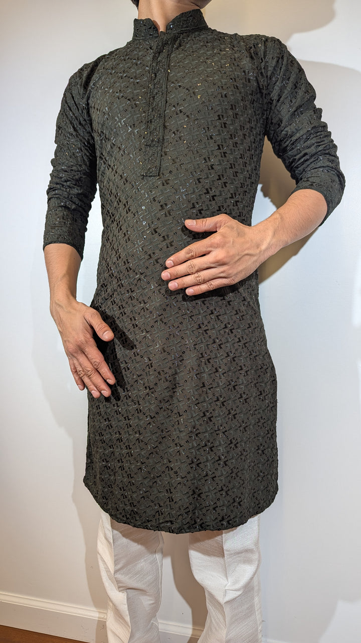 Dark Olive Chikan Kurta