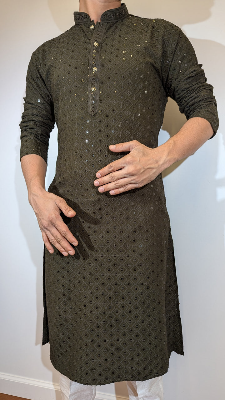 Dark Olive Chikan Kurta