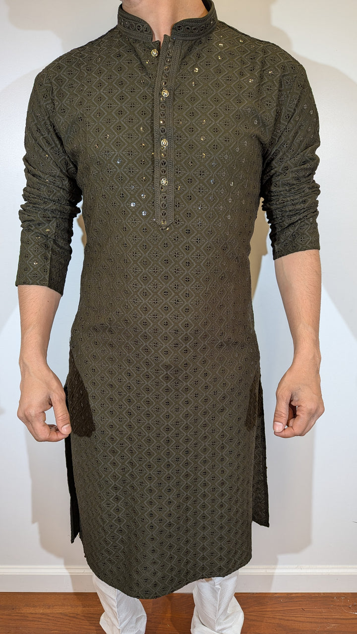 Dark Olive Chikan Kurta