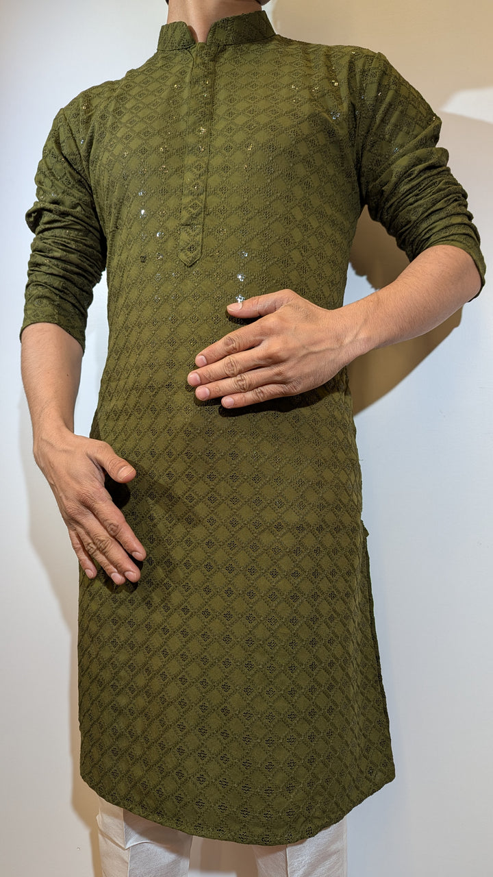 Dark Olive Chikan Kurta