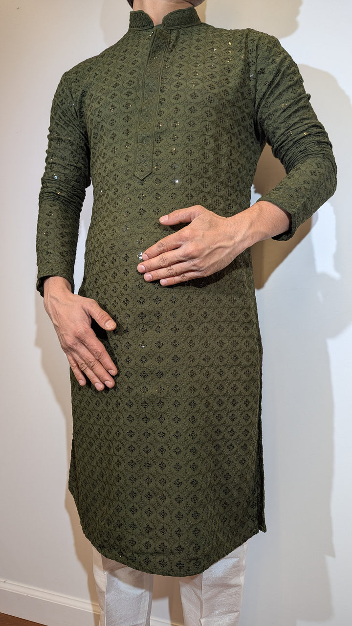 Dark Olive Chikan Kurta