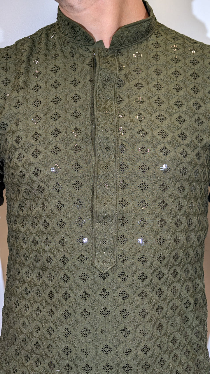 Dark Olive Chikan Kurta