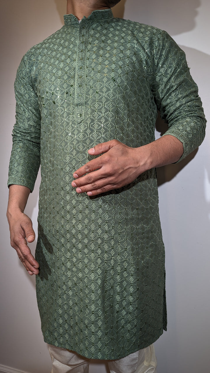 Light Olive Chikan Kurta