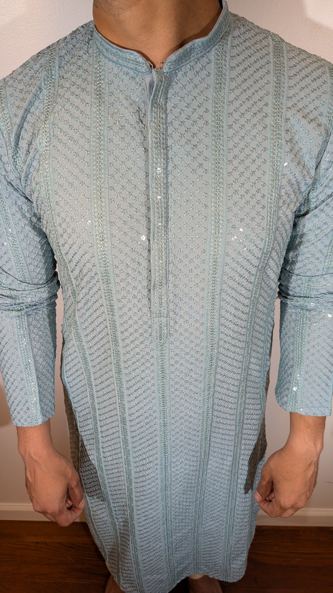 Mint Blue Chikan Kurta (Slim Fit)