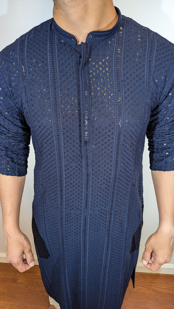Navy Blue Chikan Kurta (Slim Fit)