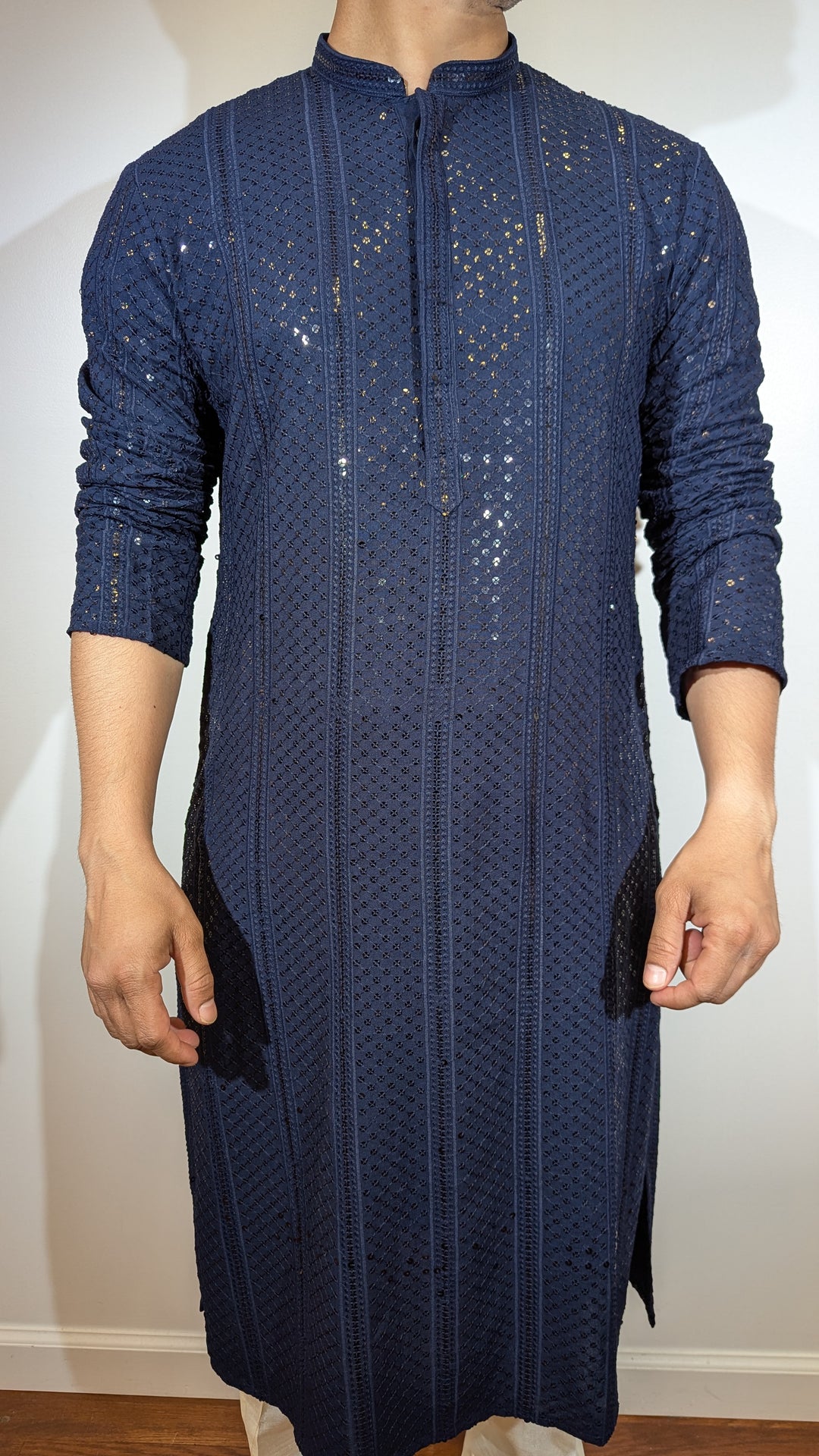 Navy Blue Chikan Kurta (Slim Fit)