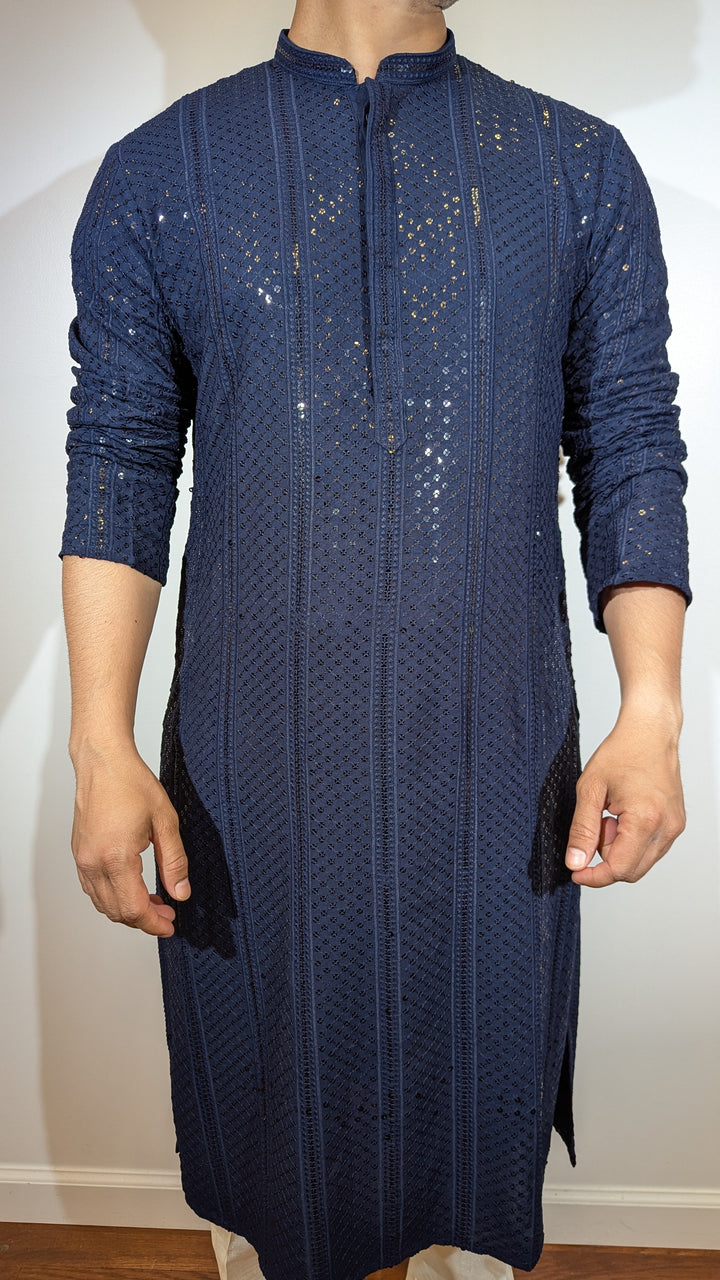 Navy Blue Chikan Kurta (Slim Fit)