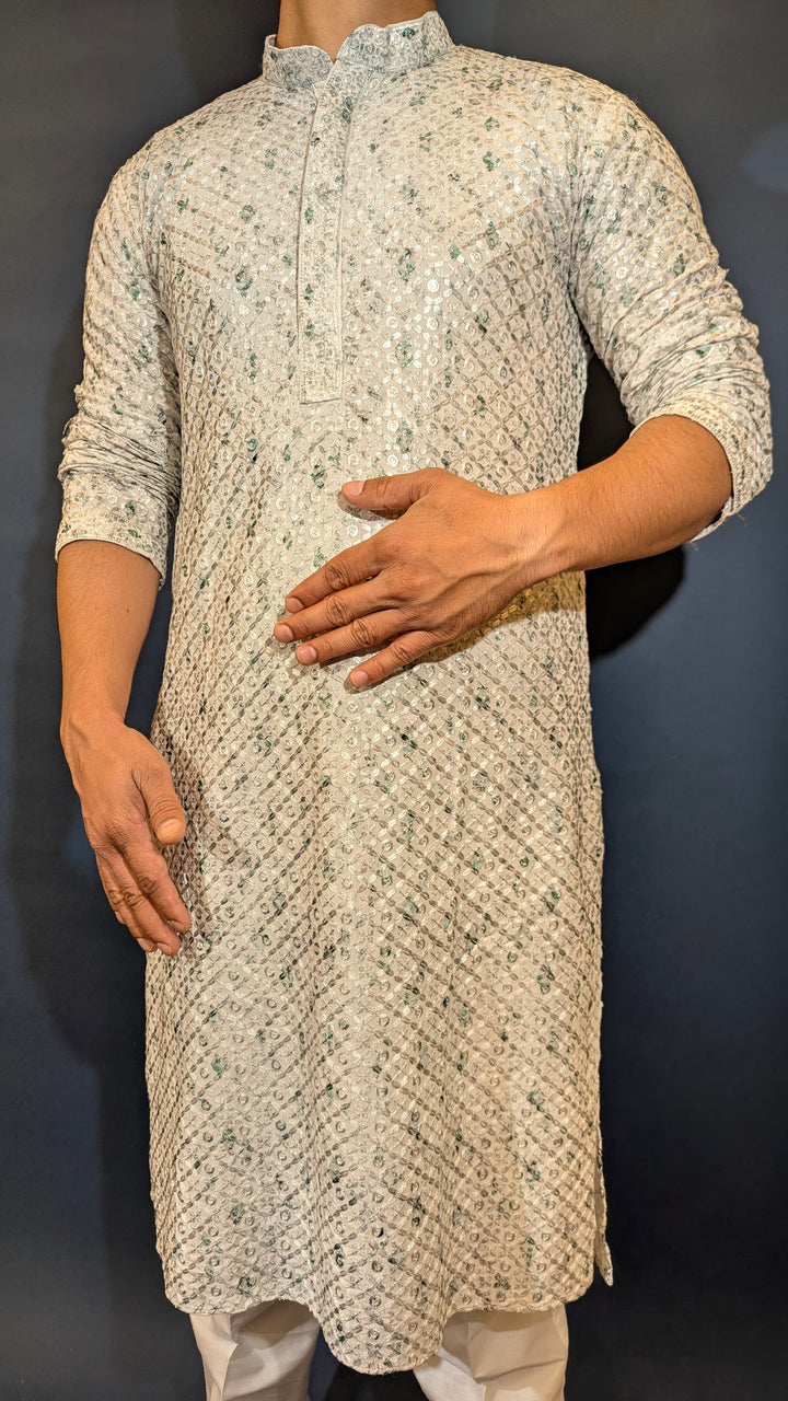 White Green Chikan  Kurta