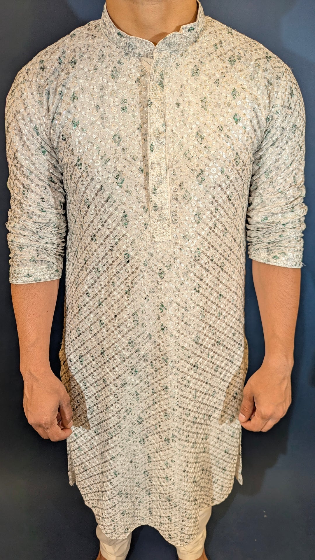 White Green Chikan  Kurta