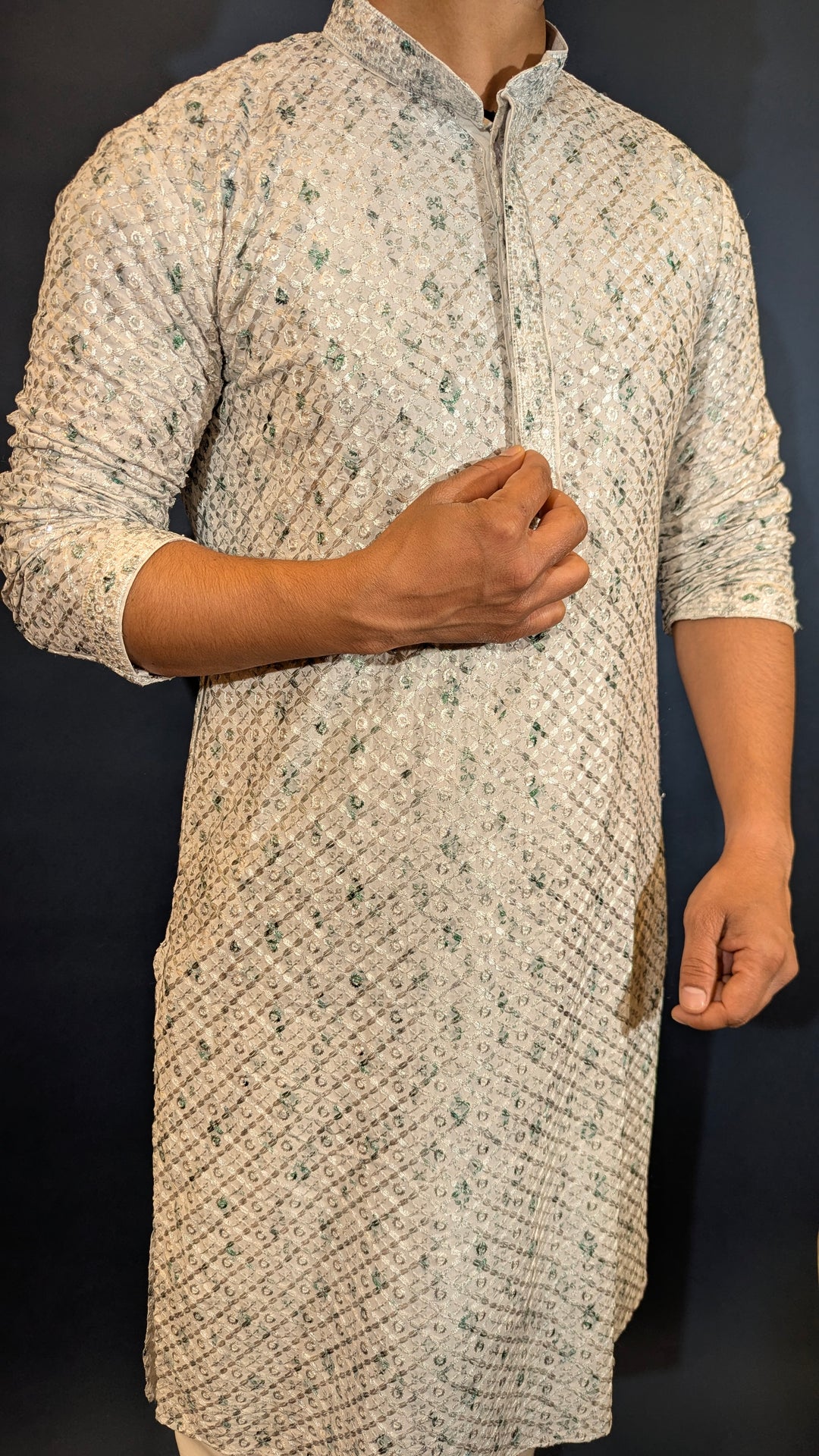 White Green Chikan  Kurta