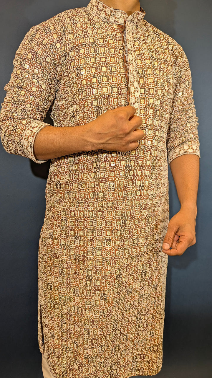 Brown Green Chikan Kurta
