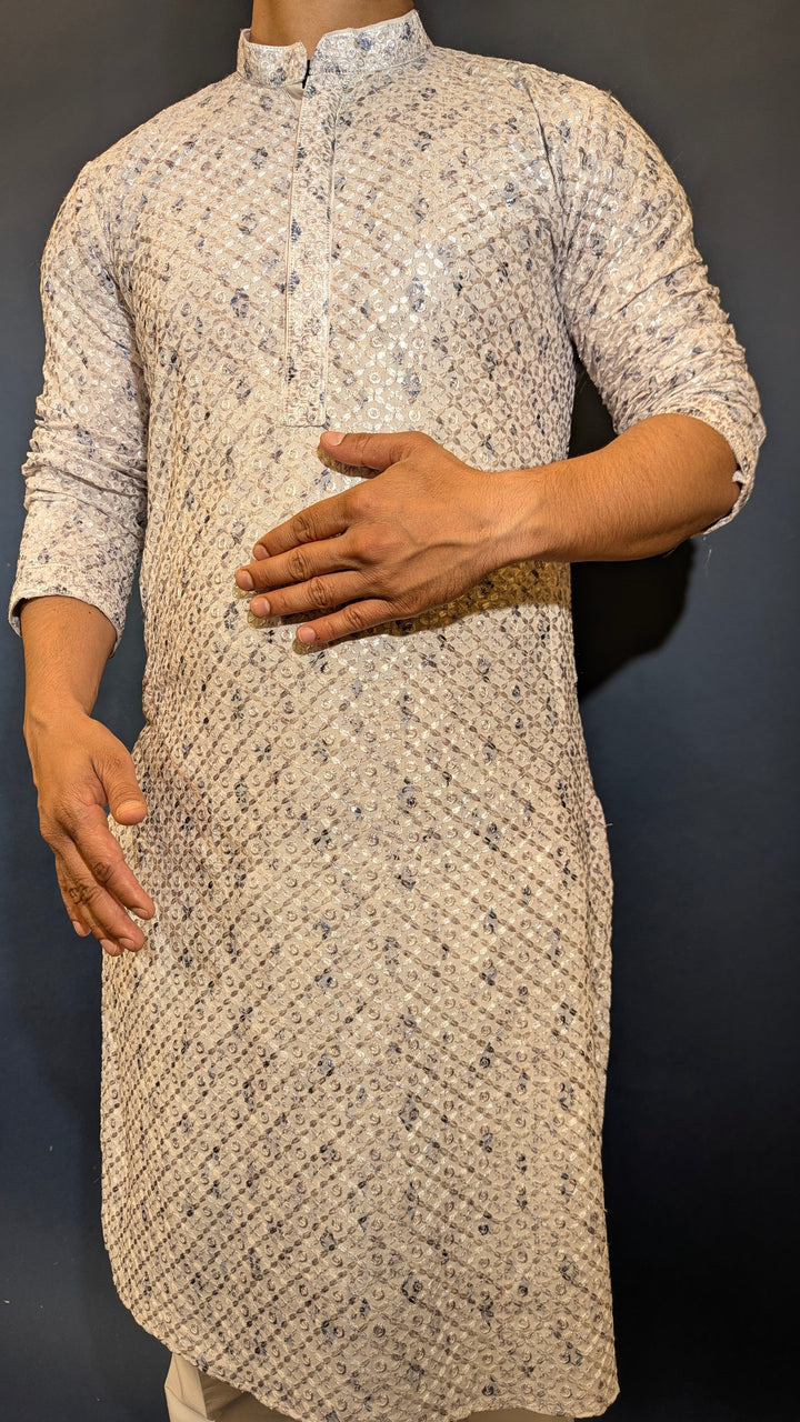 White Blue Chikan Kurta
