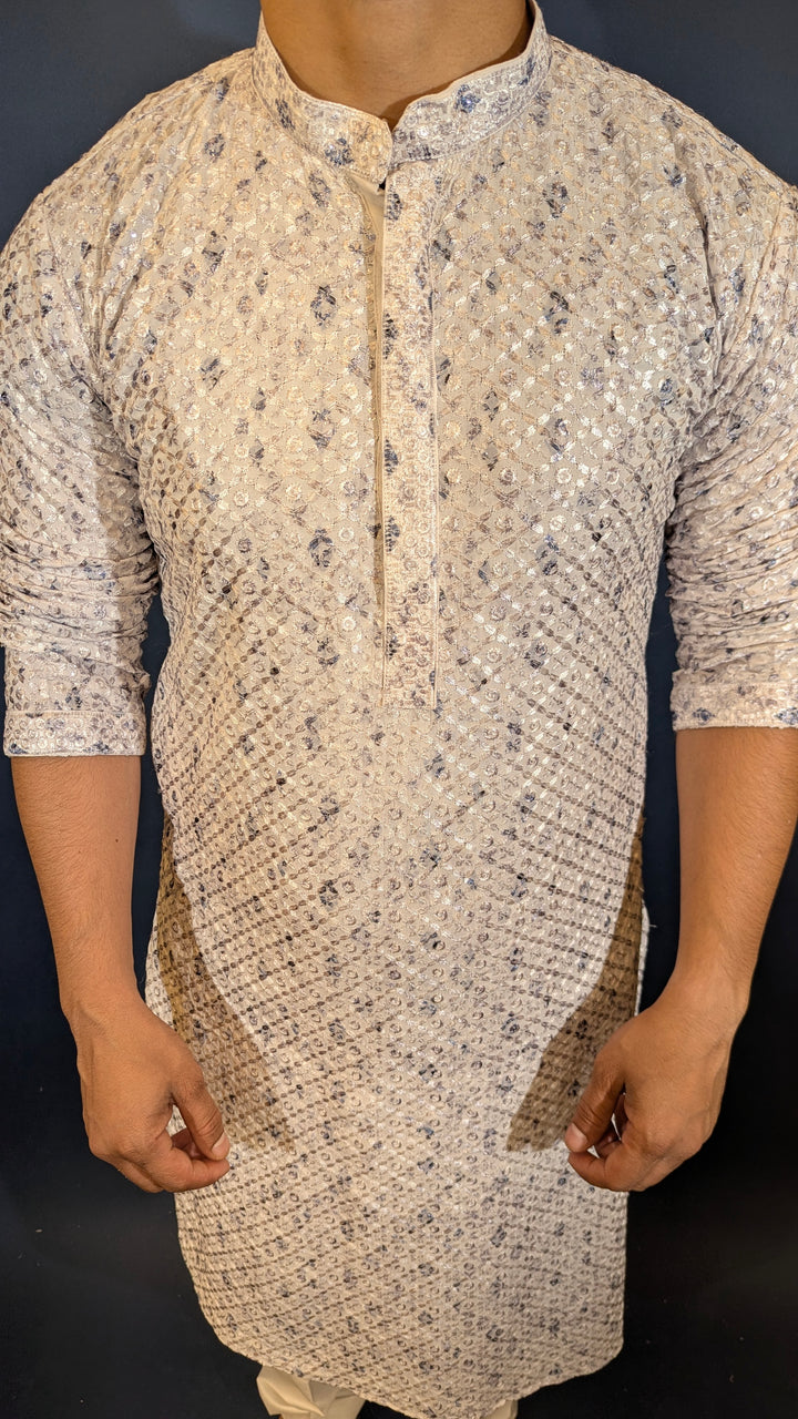 White Blue Chikan Kurta
