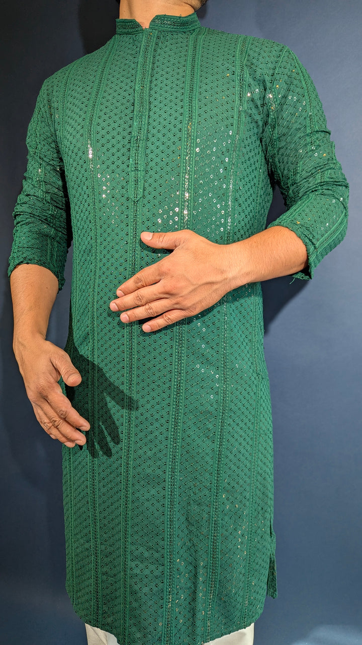 Dark Green Chikan Kurta (Slim Fit)