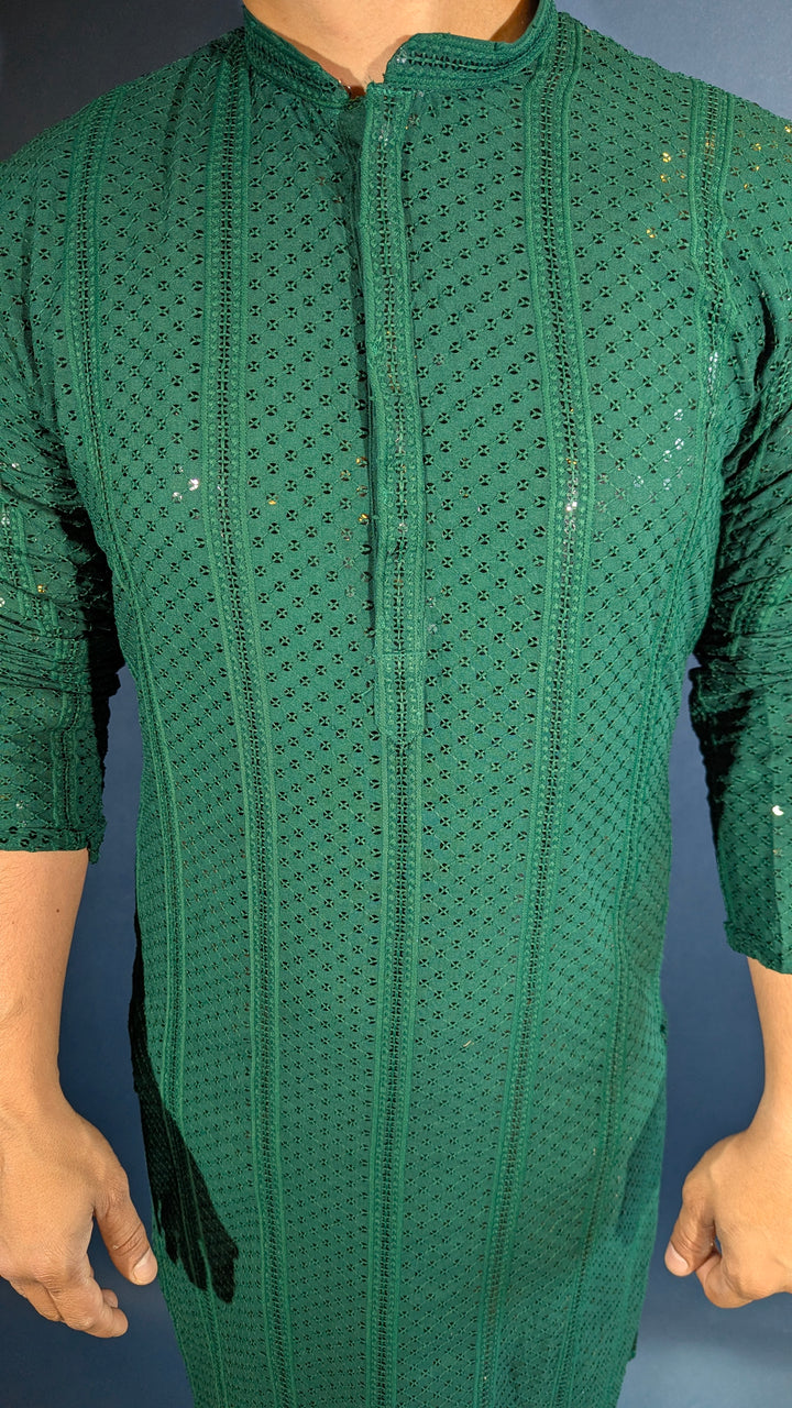 Dark Green Chikan Kurta (Slim Fit)