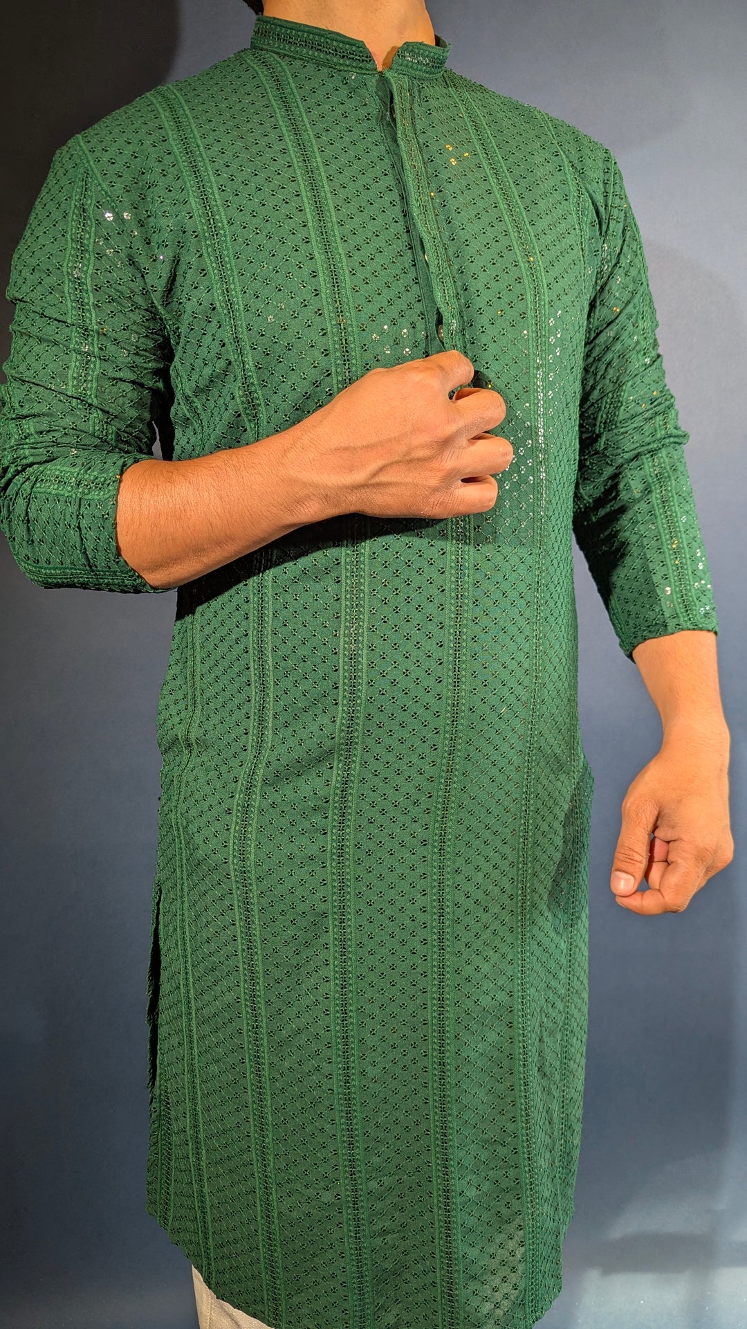 Dark Green Chikan Kurta (Slim Fit)