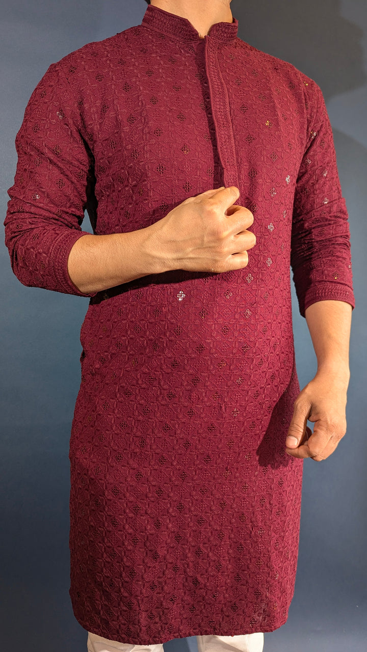 Maroon Chikankari Kurta