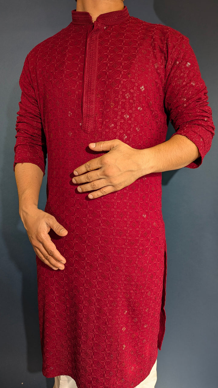 Dark Red Chikan Kurta