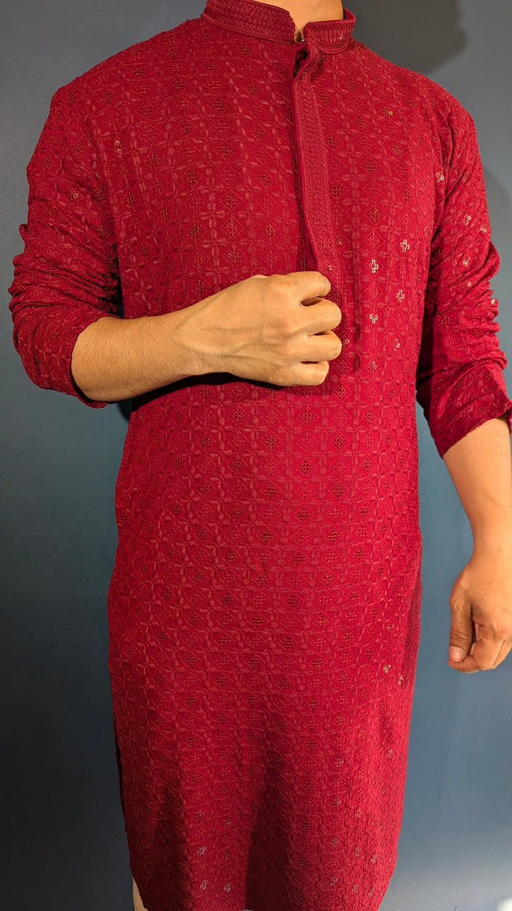 Dark Red Chikan Kurta