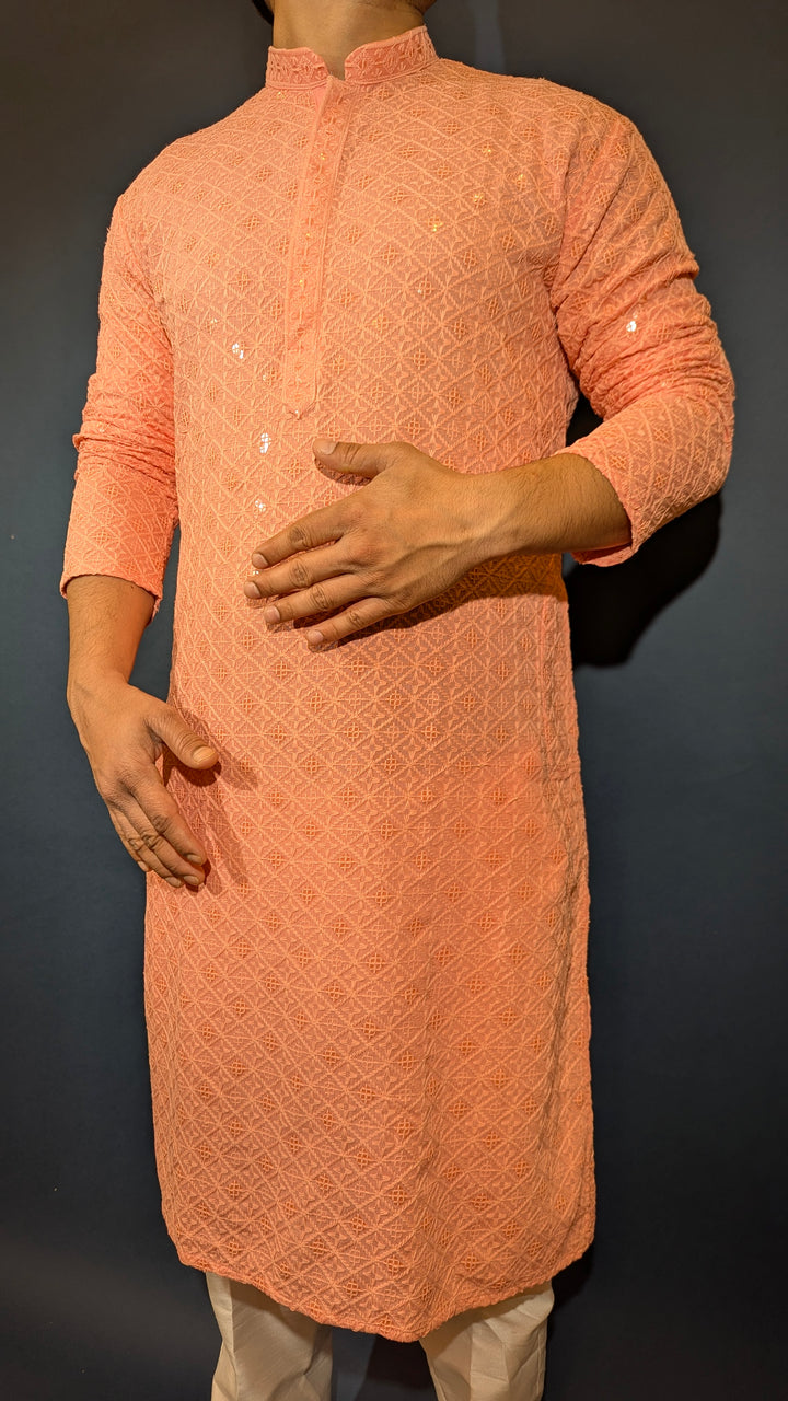 Light Peach Chikan Kurta