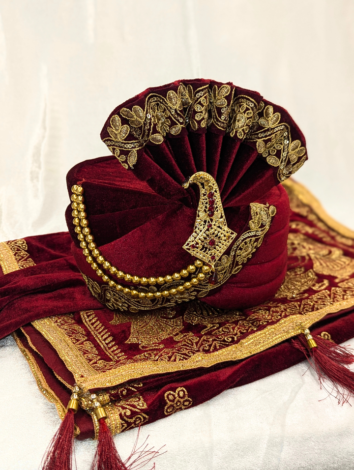 Maroon Gold Pagdi and Shawl Set