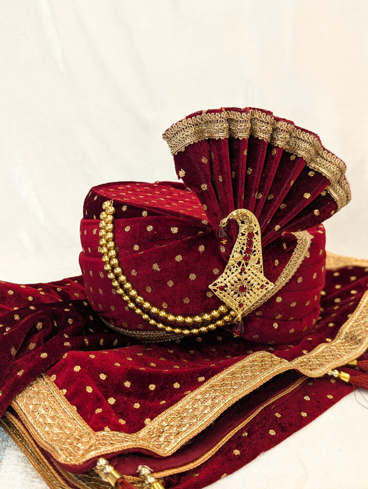 Maroon Golden Pagdi and Shawl Set
