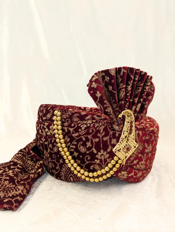 Maroon Golden Pagdi and Shawl Set
