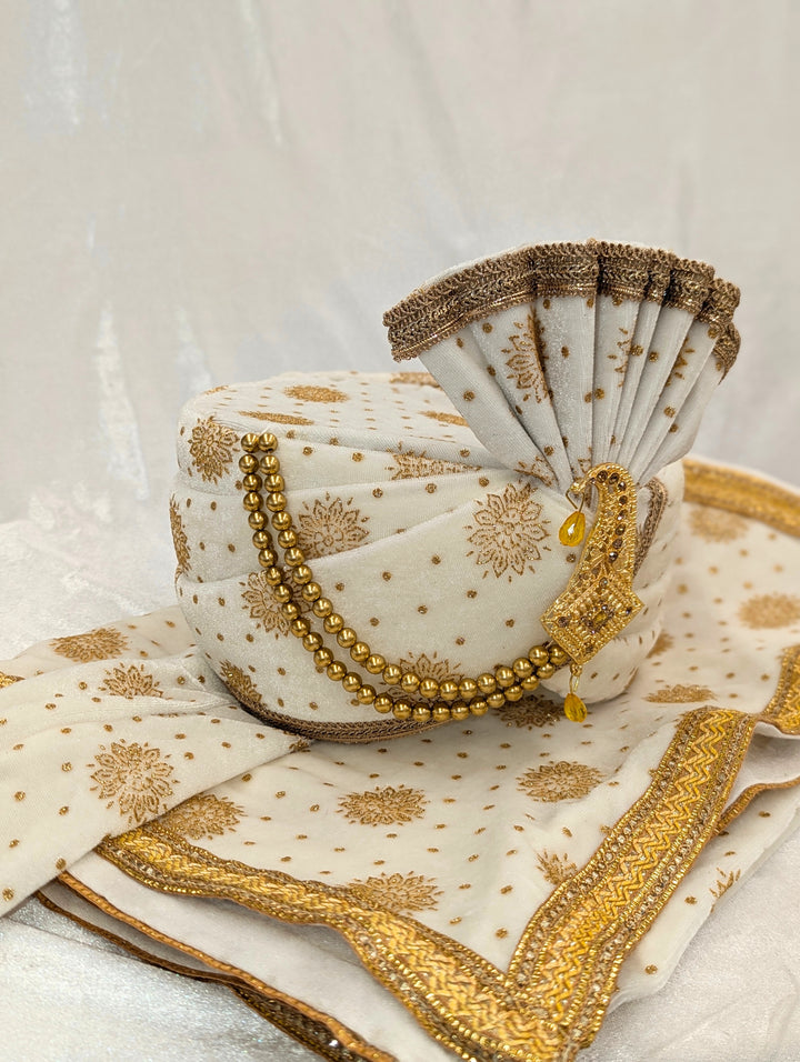 White Gold Pagdi and Shawl Set