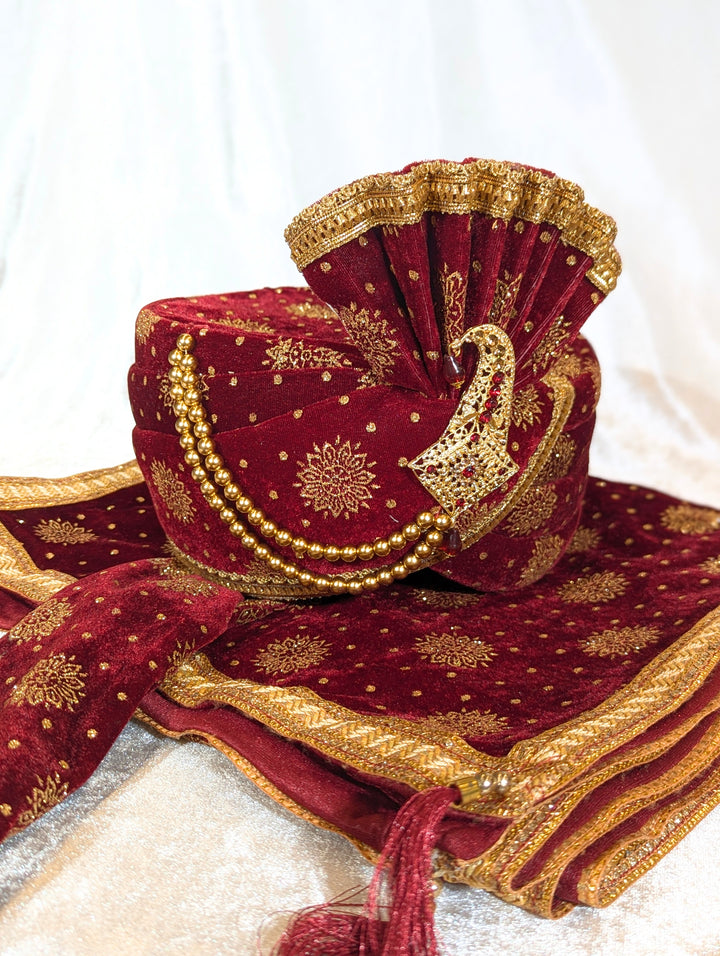 Maroon and Gold Pagdi and Shawl Set
