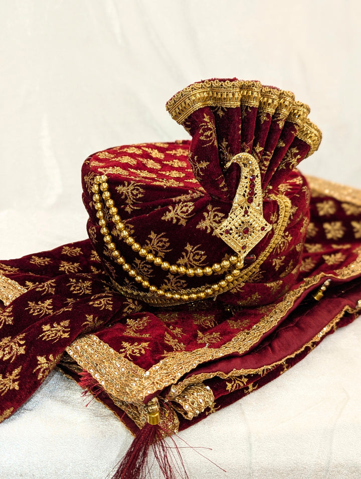 Maroon Golden Pagdi and Shawl Set