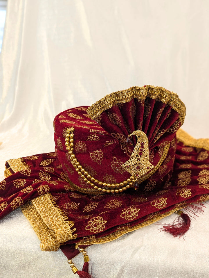 Maroon Golden Pagdi and Shawl Set