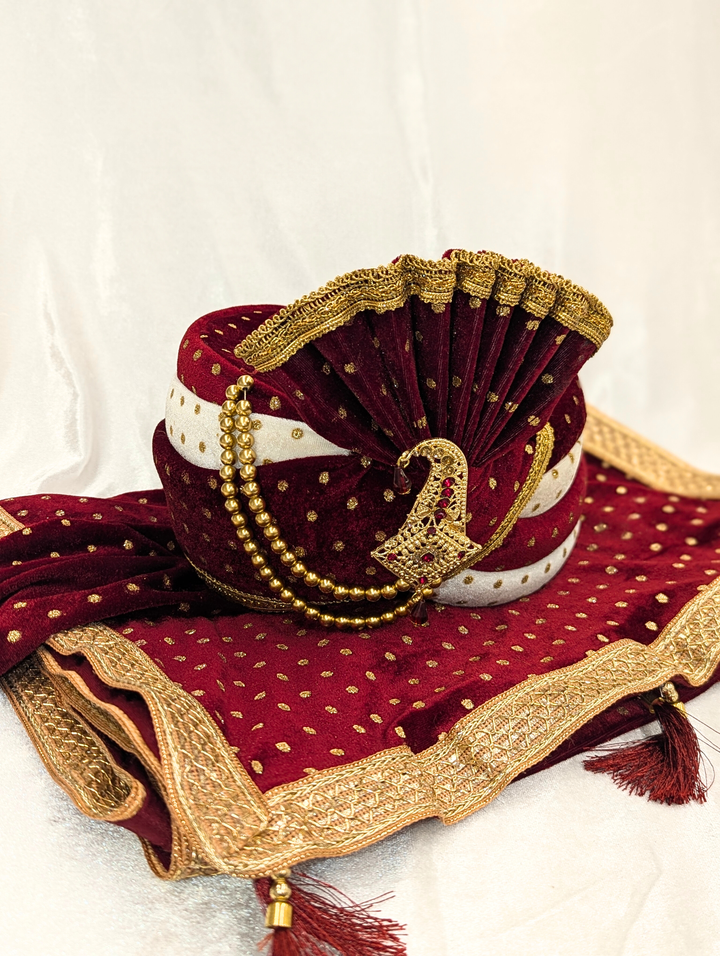 Maroon White Pagdi and Shawl Set
