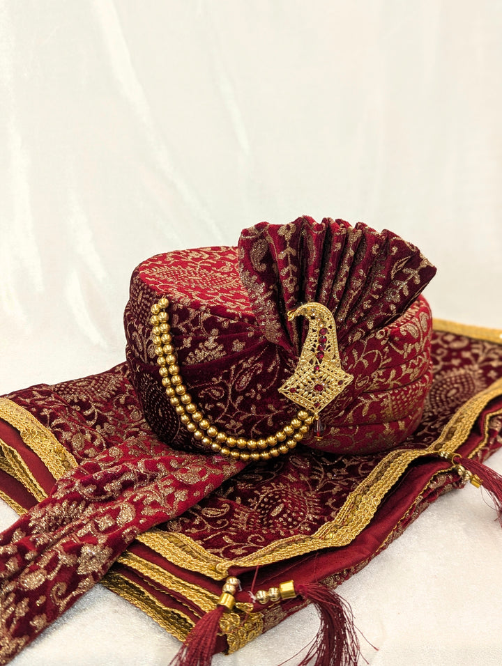 Maroon Golden Pagdi and Shawl Set