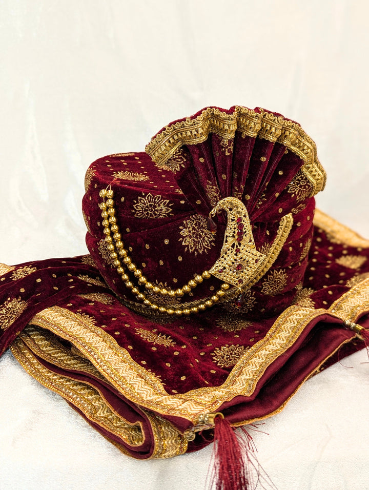 Maroon Golden Pagdi and Shawl Set