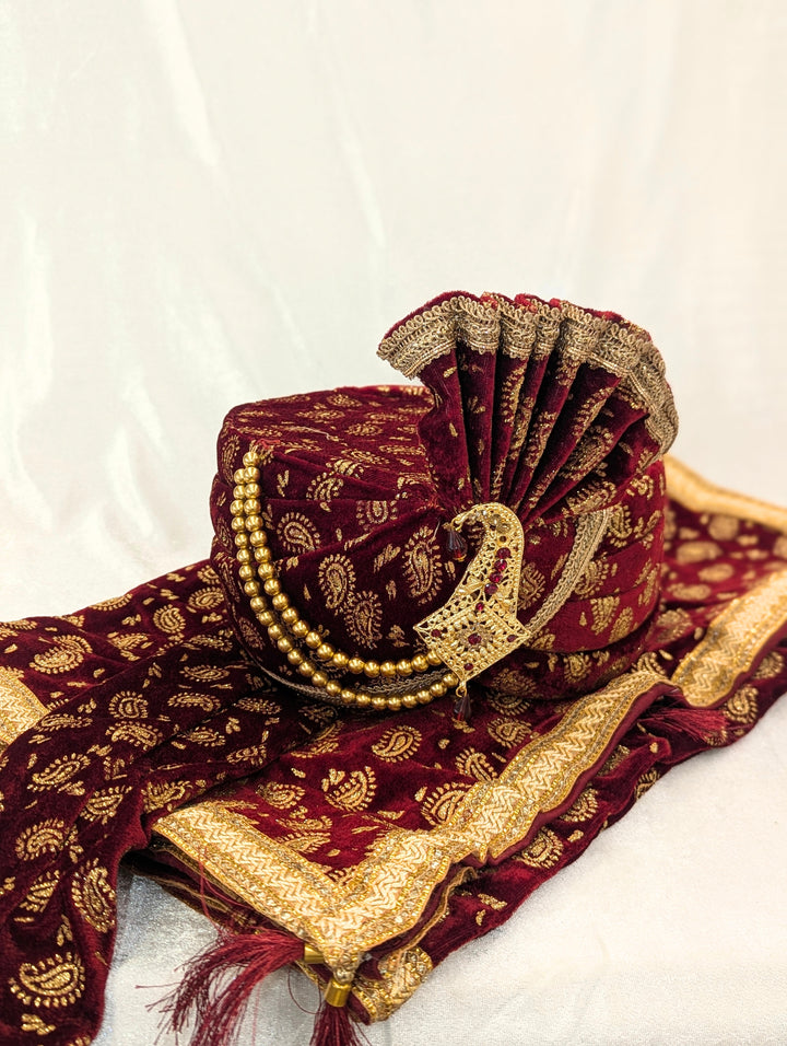 Maroon Golden Pagdi and Shawl Set
