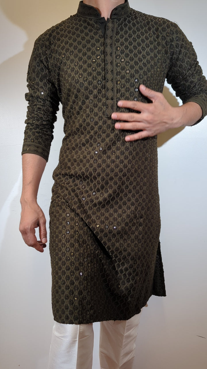 Dark Olive Chikan Kurta