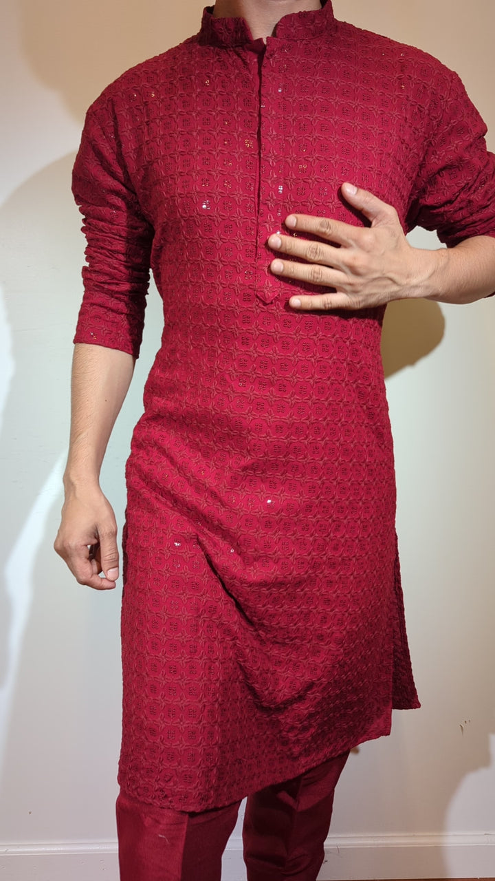 Maroon Chikan Kurta