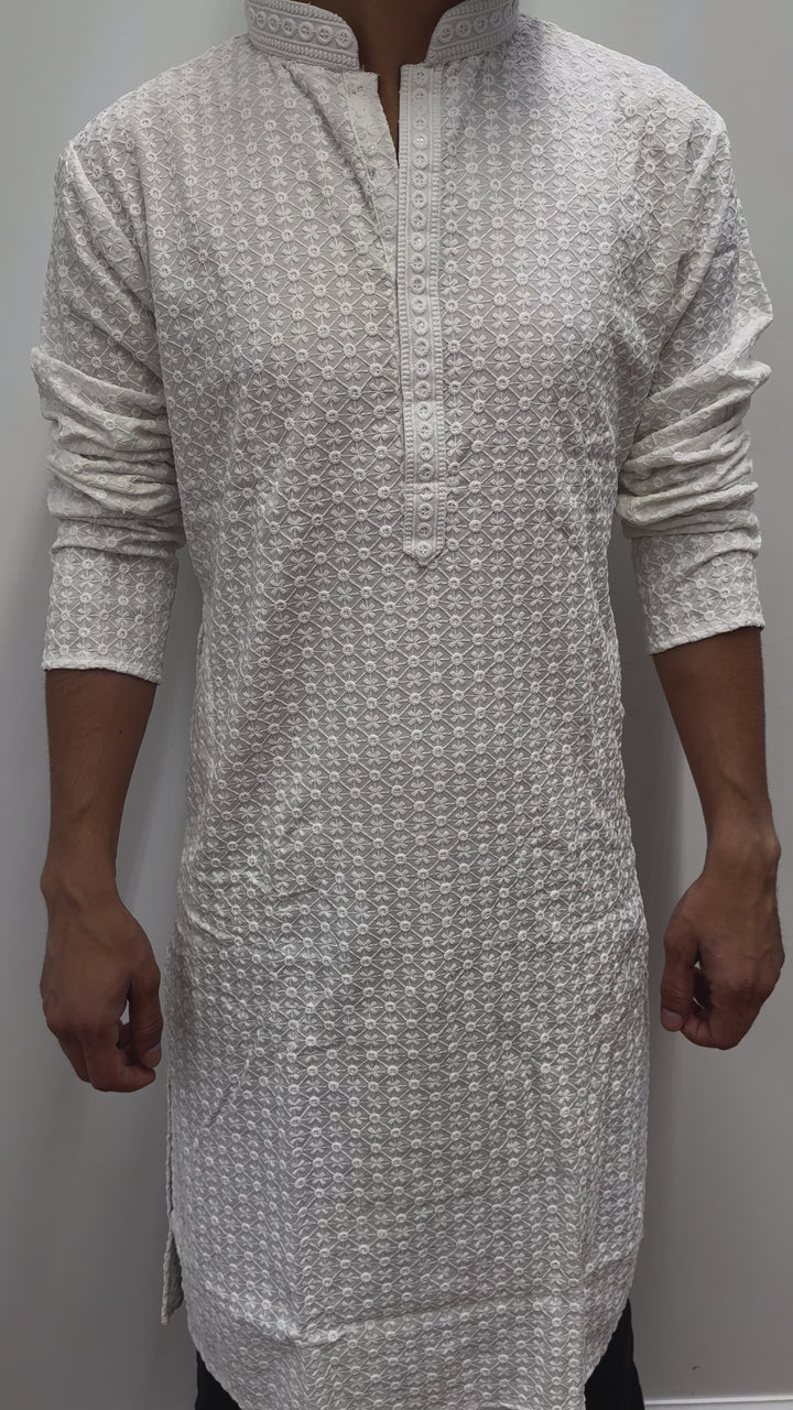 White Kurta in Squares Pattern