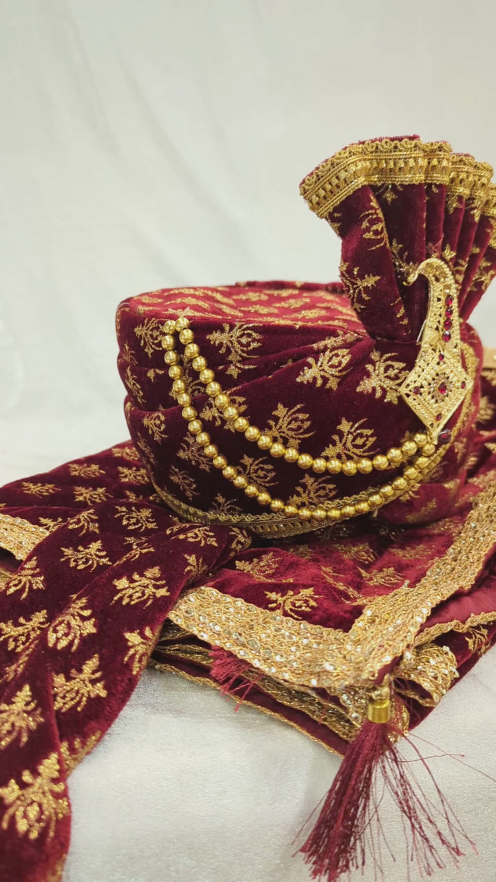 Maroon Golden Pagdi and Shawl Set
