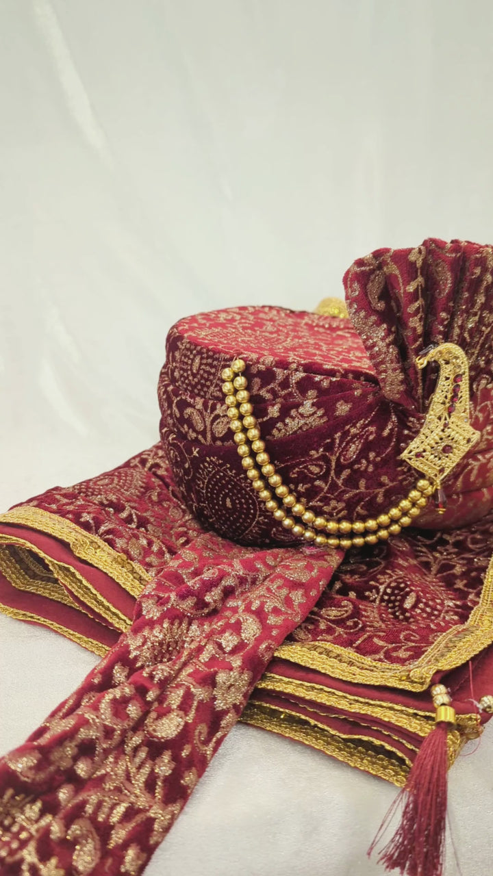 Maroon Golden Pagdi and Shawl Set